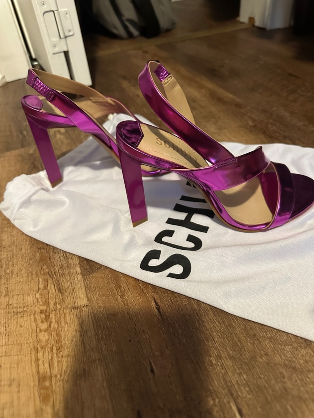 SCHUTZ Metallic Fuchsia Crisscross Slingback Heels - Picture 4 of 5